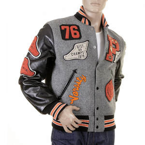 Men's Gray Woolen Varsity <b>Jacket</b> Wool Sleeves <b>Patchwork</b> Design Embroidered Logo Turn-down Collar Winter Windproof Breathable - Product Image 1