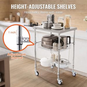 3-Tier Chrome <b>Wire</b> Shelving Utility Cart with Solid Stainless Steel Top Mobile Rolling Cart for Kitchen Office Warehouse - Product Image 4