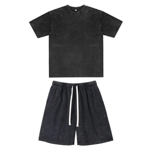 เสื้อยืดและกางเกงขาสั้นผ้าคอตตอนหนาน้ำหนักมาก ชุดเซ็ตฤดูร้อนสำหรับผู้ชาย สไตล์วินเทจลายกราฟิกโลโก้แบบกำหนดเอง ชุด 2 ชิ้น สตรีทแวร์ - Product Image 6