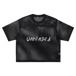 Camiseta Corta de Malla Desestructurada Negra Oversize Estilo Urbano Holgada Cuello Redondo Manga Corta Unisex Transpirable con Estampado Gráfico - Product Image 1
