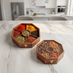 Handmade Sheesham Wood <b>Spice</b> <b>Box</b>, Octagon Masala Organizer with Glass Lid - Product Image 1