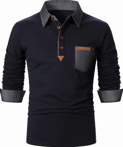 <b>Men</b> Long Sleeve <b>Polo</b> <b>Shirt</b> Solid Color Casual Woven Fabric <b>With</b> <b>Pocket</b> Design Streetwear Apparel Wholesale - Product Image 1