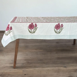 Floral Block Print <b>Tablecloth</b> Cotton <b>Rectangle</b> Table Cover Pink and Green Pomegranate Design Table Cover Linen Set - Product Image 3