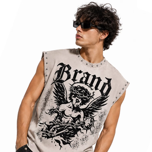 Débardeur Homme Personnalisé Style Punk avec Imprimé Graphique Ange Ailé, Décoration à Rivets, Col Rond, 100% Coton - Product Image 4