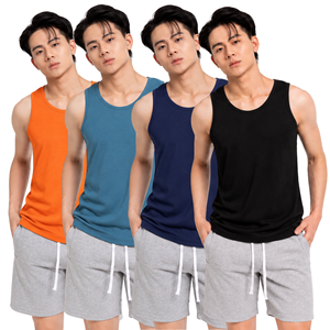 Camiseta sin mangas informal de punto azul marino para hombre, cuello redondo, color sólido - Product Image 6