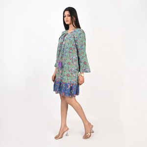 Robe élégante à imprimé floral style sari indien, col en V, manches longues, taille naturelle à nouer, décontractée, pour le quotidien, été, mode bohème - Product Image 3