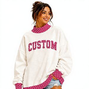 Sweat-shirt oversize à col montant brodé patchwork pour femme, en molleton de coton, pull personnalisé, ensemble confortable et décontracté - Product Image 3