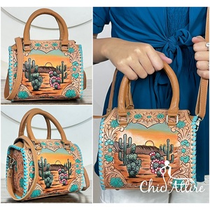 2026 Elegant Western Genuine Cowhide <b>Leather</b> Medium Speedy Bag Cactus Sunset Pattern Weekender Travel Duffel Bag for Unisex - Product Image 1