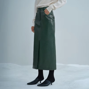 Falda recta vintage bordada de cintura alta con abertura amplia para mujer, de cuero genuino encerado, hasta la rodilla, antiarrugas - Product Image 6