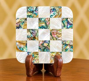 Square Handmade Mother of Pearl <b>Abalone</b> <b>Shell</b> Inlay Eco-Friendly HASAN CRAFT Cup Coaster Checkerboard Pattern Luxury Drink Mat - Product Image 1