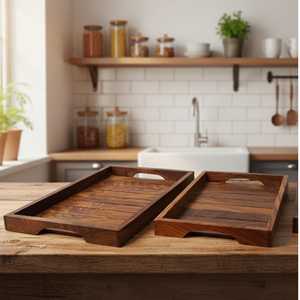 Ensemble de plateaux de service en bois faits à la main, style rustique en noyer, plateaux pour le petit-déjeuner, décoration de cuisine de style farmhouse, plateau de service en bois pour aliments - Product Image 3