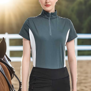 Camiseta de equitación transpirable para mujer, de manga corta, con bloques de color, cierre de cremallera y diseño de cintura alta. - Product Image 2