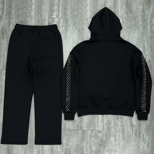 Custom Oversized Acid Wash Two-Piece Streetwear Tracksuit Colorful Rhinestones Zip up Hoodie and <b>Sweatpants</b> <b>Set</b> - Product Image 2