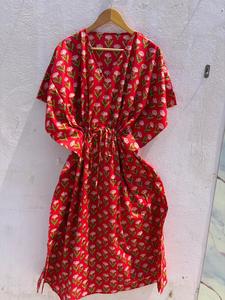 Women's Red Floral Print 100% Cotton Maxi <b>Kaftan</b> Dress V Neck Batwing Sleeves Drawstring Eco-Friendly Breathable Handmade <b>Beach</b> - Product Image 1