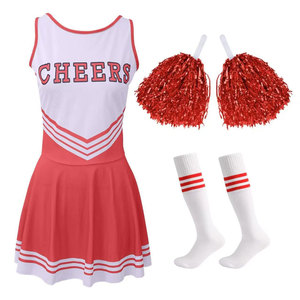 Ensemble d'uniformes de cheerleading avec pompons rouges et chaussettes pour adultes, design blanc et rouge, logo imprimé sur le devant - Product Image 1
