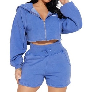 Sudadera Corta con Capucha Azul para Mujer, de Manga Larga, Tejida en Algodón, Informal, para Otoño, de Color Sólido, con Cierre Frontal - Product Image 1