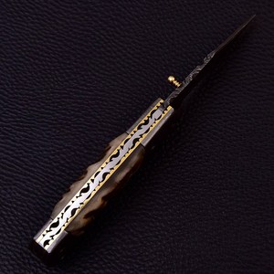 Cuchillo Plegable de Acero Damasco Nordic Forge con Hoja de Punta Clip y Funda Vertical de Cuerno de Carnero para Transporte en Bolsillo, EDC, Caza, OEM/ODM - Product Image 4