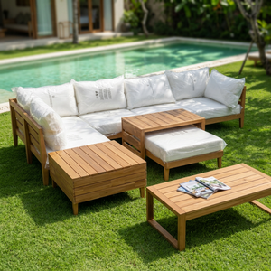Teak <b>wood</b> outdoor furniture sofa set 4 - 10 seater <b>garden</b> furniture with <b>coffee</b> <b>table</b> Beige/ White cushion OEM ODM patio set - Product Image 1