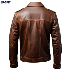 Blouson de motard rétro décontracté pour homme en cuir PU marron, imperméable, avec bretelles et col rabattable, multi-poches - Product Image 2