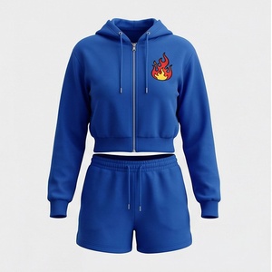 Conjunto de Sudadera con Capucha Azul de 2 Piezas para Mujer con Pantalones Cortos con Estampado de Llamas, Atuendo Casual de Primavera/Verano - Product Image 1
