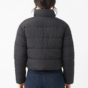 Best Quality Women's <b>Cropped</b> <b>Puffer</b> <b>Jacket</b> Quilted Winter Coat Long Sleeve Zipper Front Adjustable Hem Casual Warm Outerwear - Product Image 2