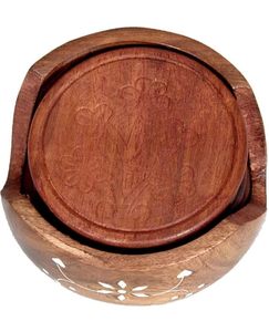 Walnut Wooden Coaster Set With Holder Round Drink Coasters Handmade Reusable <b>Mats</b> for Home <b>Bar</b> Table - Product Image 5