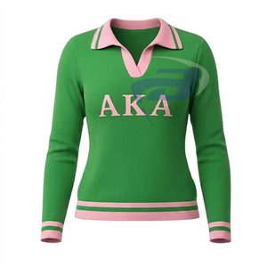 อัลฟ่า |   คาปา |   เสื้อสเวตเตอร์ถักสีเขียวลำลองสำหรับผู้หญิงของอัลฟ่า ซอร์โรริตี้ พร้อมลายพิมพ์ตัวอักษร AKA เสื้อสเวตเตอร์ตัวอักษรพิมพ์ลาย สามารถปรับแต่งโลโก้ได้ - Product Image 1