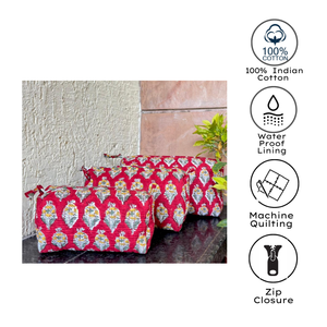 Red Yellow Hand Block Print Quilted Floral Cotton Cosmetic Bag Set Portable Zip Closure PVC Lining Durable Travel Storage Gift - Product Image 3