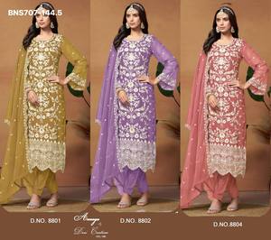 Nuevo conjunto de salwar kameez de organza con bordados de la mejor calidad para festivales, proveedor de Surat, exportador indio. - Product Image 3