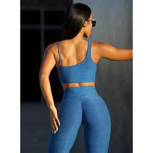 Women's <b>Blue</b> Seamless Cut-Out Halter Sports <b>Bra</b> Medium Support Yoga Fitness Solid Color Stretch Fabric - Product Image 2