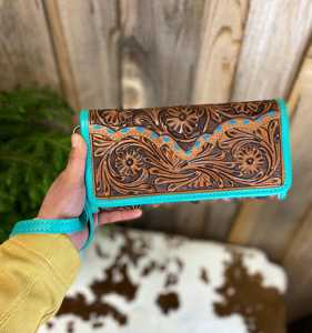 Unique Turquoise <b>Leather</b> Wallet With Intricate <b>Tooling</b> Luxury Designer Id Window Credit Card Western Style Real <b>Leather</b> Clutches - Product Image 3