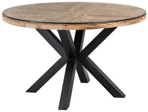 Mesa de Comedor de Madera Estilo Vintage Industrial, Aspecto Antiguo Natural, Forma Redonda con Tapa de Vidrio, Patas Plegables en Forma de X de Metal - Product Image 3
