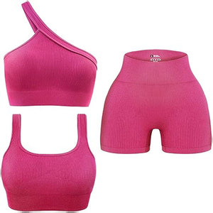 Comfortable Women 2 Piece Vintage Solid Workout Sets Seamless Ribbed Yoga Outfits Sports Bra <b>One</b> Shoulder <b>Top</b> Shorts Gym - Product Image 5