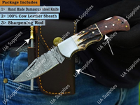 Couteau pliant de luxe OEM multifonctionnel pour l'extérieur, en acier Damas, à lame coulissante, pointe biseautée, manche en corne de cerf et bois de rose