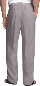 Pantalon décontracté en lin gris pour homme, taille élastique avec cordon de serrage, coupe droite, léger et respirant, idéal pour l'été, avec poches latérales - Product Image 3