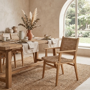 Silla de Comedor Moderna Malaka de Madera de Teca Sólida con Respaldo y Tejido de Ratán Sintético, No Plegable, Acabado Bien Lijado, Modelo Villa - Product Image 5