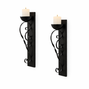 Ensemble de appliques murales modernes en métal noir avec porte-bougie en verre ambré, design minimaliste haut, éclat chaleureux, accent de décoration intérieure élégant - Product Image 6