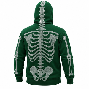 Men’s Dark Green Rhinestone Skeleton Hoodie <b>Jacket</b> with Full Zip Balaclava Mask Crystal Skull Bone Design <b>Gothic</b> Hip Hop Hoodie - Product Image 3
