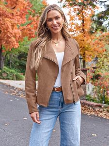 Chaqueta de Motociclista de Cuero PU Color Bronceado para Mujer, con Cierre de Cremallera, Cuello Redondo, Manga Larga, Estilo Otoñal - Product Image 6