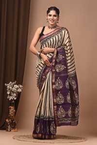Sari BAGRU BLOCK Maheshwari de Seda y Algodón, con Borde Dorado Zari, Estampado a Mano, Tradicional Indio para Bodas, Venta al Por Mayor - Product Image 2