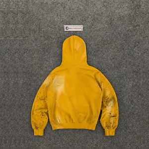 เสื้อฮู้ดดี้ผู้ชายสีเหลืองแบบซิป สไตล์สตรีทแวร์ ประดับด้วยคริสตัล กระเป๋าแต่งแบบดิสเทรส ลุคกรันจ์ซีดจาง แต่งลายสาดสี - Product Image 6