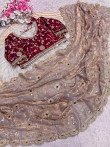 ชุดส่าหรีผ้าซาตินไหมพรมปักลายประดับเลื่อมหลากหลายแบบ ดีไซน์เนอร์สำหรับงานปาร์ตี้ พร้อมเสื้อปักสำเร็จรูป - Product Image 3