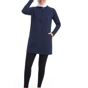 Robe de sport modeste à manches longues pour femmes, couleur marine unie, avec poches zippées, séchage rapide, respirante, écologique, pour le yoga et la remise en forme - Product Image 5