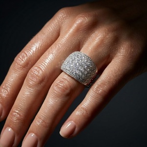 Classic 18k White Gold Natural Diamond Round Brilliant Cut Fancy Broad Ring with Pave Setting Women's Wedding Party Gift Jewelry - Product Image 4