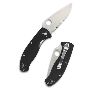 Couteaux de poche pliants à lame argentée avec manche ergonomique noir, bord de coupe partiellement dentelé, trou rond pour le pouce et clip métallique - Product Image 2