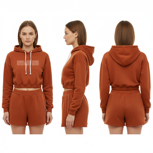 Conjunto Deportivo de Sudadera con Capucha Azul para Mujer, 2 Piezas, Top de Manga Larga con Bolsillo, Pantalones Cortos con Cintura Elástica, Atuendo Informal - Product Image 4