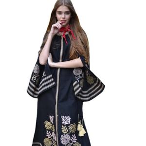 Femmes élégant ukrainien fête porter à manches longues cloche brodé étage longueur robe lin o-cou fêtes de mariage lavable - Product Image 1