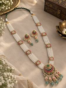 TISHYA DIAMOND Ethnic Gold Plated Alloy <b>Necklace</b> Earring <b>Set</b> Imitation <b>Pearl</b> Tassel Round Brilliant Cut Women Wedding Jewelry - Product Image 3