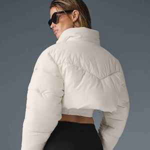 Women's Metallic <b>Cropped</b> <b>Puffer</b> <b>Jacket</b> Custom Logo Glossy Bubble Coat High Shine Winter Warm Zip Up Fashion Streetwear Outerwear - Product Image 2