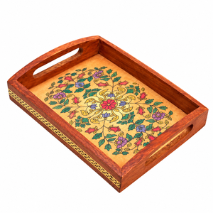 ถาดไม้ประดับอัญมณีทำมือ |   ถาดไม้ตกแต่งลายดอกไม้พร้อมหูจับ - Product Image 1